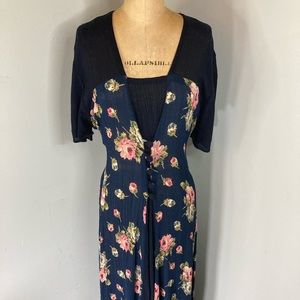 Gorgeous Vintage 1980s 1990s Blue With Roses Long Tie Back Dress
